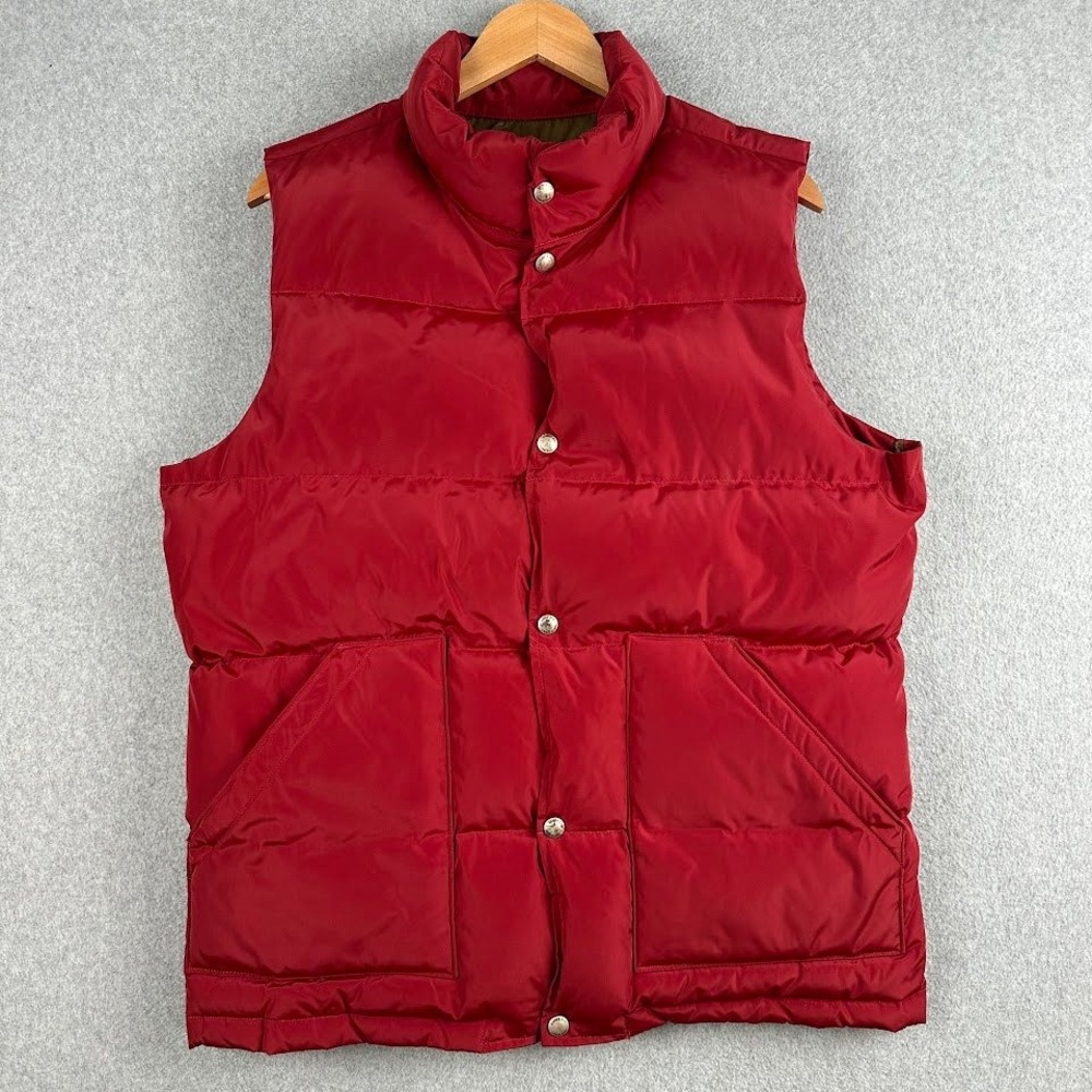 Lands End Red‎ Puffer Vest Goose Down Fill Insulated Men's Medium Snap Button Up